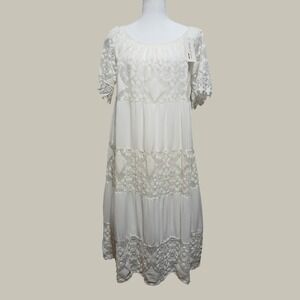 Italy Moda White Lace Tiered Boho Midi Dress Cotton Viscose Made in Italy NWT